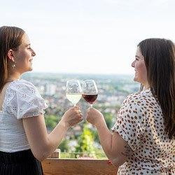 zwei junge Frauen stehen an einem Holzgeländer und stoßen mit Wein an. das Bild wurde auf einer Anhöhe aufgenommen und zeigt verschwommen die Weinreben und die Stadt im Hintergrund