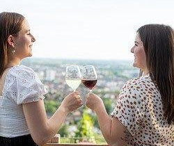 zwei junge Frauen stehen an einem Holzgeländer und stoßen mit Wein an. das Bild wurde auf einer Anhöhe aufgenommen und zeigt verschwommen die Weinreben und die Stadt im Hintergrund