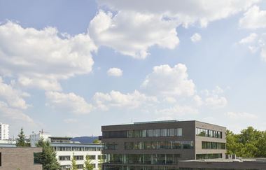 Im Fokus steht ein vierstöckiges braunes Gebäude mit Rundumverglasung. Rechts nach vorne versetzt steht dasselbe Gebäude etwas niedriger. Links davon befindet sich ein weißes, flaches, 3-stöckiges Gebäude . Auf dem Vorplatz sind Bäume gepflanzt