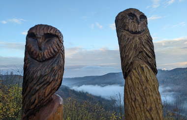 Aus Holz gesägte Eulen über dem Brettachtal | © Petra Kuch