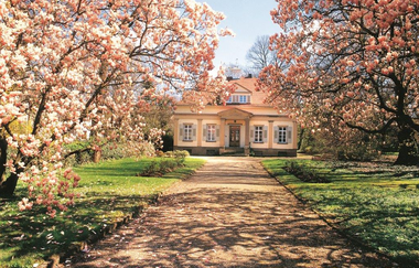 Die historische Villa im Stil des Klassizismus liegt im hinteren Bereich eines großen Garten und ist über einen breiten Weg flankiert durch blühende Bäume erreichbar.. Inmitten der fünfachsigen Fassade befindet sich das von Säulen flankierte Portal