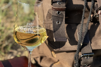 Weißwein im Glas auf einem Buch, neben dran ein Kompass und dahinter ein brauner Rucksack | © Nicole Halter