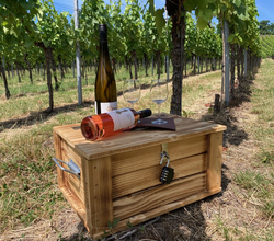 Schatzkiste mit Schloss, darauf zwei Weinfalschen und zwei Weingläser in den Weinreben | © Nicole Betz