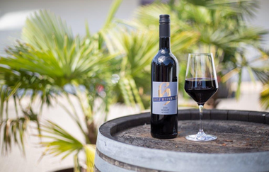 Das Bild zeigt eine Rotweinflasche und ein Glas mit Rotwein auf einem Holzfass. Im Hintergrund sind kleine Palmen zu sehen.