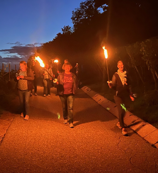 Personengruppe mit Fackeln in den Weinbergen