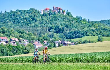 Radfahrer auf dem Kocher-Jagst-Radweg bei Kocherstetten | © Touristikgemeinschaft Hohenlohe e. V. |  Florian Trykowski