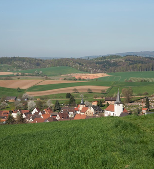 Blick auf das Dorf Spechbach mit mehreren Häusern und zwei Kirchen, umgeben von grünen Feldern und sanften Hügeln unter klarem Himmel. | © Landratsamt Rhein-Neckar-Kreis