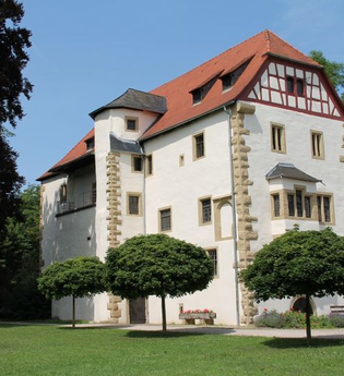 Seitlicher Blick auf das historische Alte Schloss umgeben von Bäumen | © Stadt Neckarbischofsheim