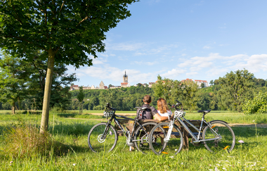 Radfahrer machen Rast mit Blick auf Bad Wimpfen | © Stadt Bad Wimpfen