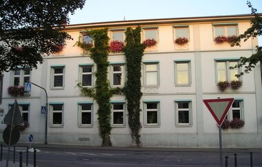 Blick auf die mit Grün bewachsene Fassade des Rathauses in Sinsheim | © Stadtverwaltung Sinsheim
