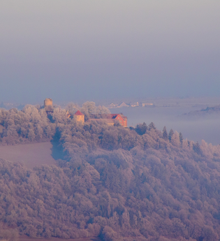 Luftbildaufnahme mit Blick auf die Burg Neuhaus in Igersheim. Die Burg steht auf einem Berg und ist von Wald umgeben. Im Tal ist Nebel zu sehen. | © Liebliches Taubertal
