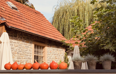 Hauswand  mit Kürbis