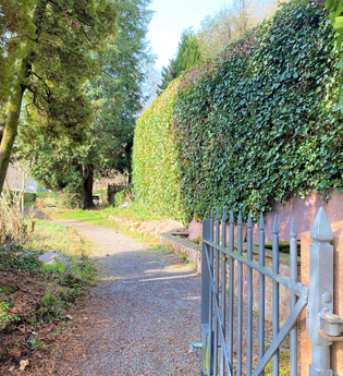 Zugang durch ein kleines Tor zum Duft- und Heilkräutergarten Bammental