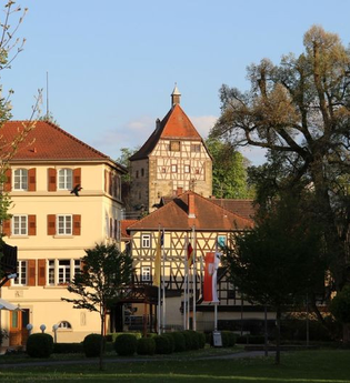 Fünfeckiger Turm mit Fachwerk neben historischem Gebäude und Baum | © Stadt Neckarbischofsheim