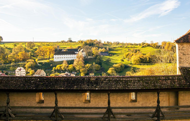 Blick von der Großcomburg auf eine grüne Landschaft mit einem weißen Gebäude im Hintergrund.