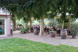 Biergarten mit Bäumen in Neckarsteinach | © Touristikgemeinschaft Odenwald e.V.