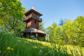 Ein hölzerner Aussichtsturm steht auf einer Wiese, umgeben von Bäumen und blühenden Blumen, unter einem klaren blauen Himmel. | © Stadt Gaildorf