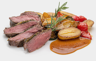 Landhaus Wolf Bistro s´Bähnle in Schwäbisch Hall: Lammhüfte, Kräuter-Senf-Kruste, Rosmarin-Kartoffeln, Grillgemüse | © Hohenlohe Schwäbisch Hall