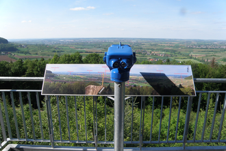 Auf der Plattform gibt es ein blaues Fernglas, in dem man in die Weite schauen kann | © Touristikgemeinschaft Hohenlohe e. V. | Marion Schlund