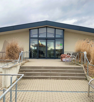 Außenansicht des Gastronomiebetriebs Ochsen 2 in Meckesheim mit Treppe und Bänken.