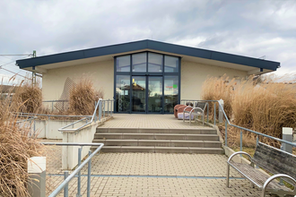 Außenansicht des Gastronomiebetriebs Ochsen 2 in Meckesheim mit Treppe und Bänken.