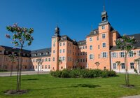 Ansicht vom Ehrenhof auf das  Schloss, im Vordergrund eine grüne Rasenfläche und Fliederbäumchen. | © Tourist Information Schwetzingen
