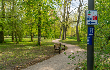 Wanderwege führen durch den Schlosspark, gekennzeichnet mit Schilder an Laternenpfosten | © Thorsten Günthert