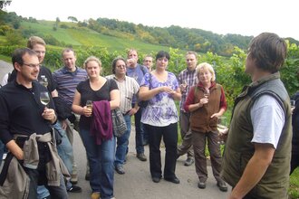Ein Mann führt eine Gruppe Erwachsener bei einer Weinprobe | © Touristikgemeinschaft Hohenlohe e. V.