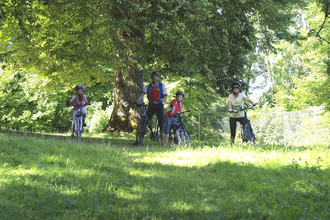 Eine Familie steht unter einem schattigen Lindenbaum | © Touristikgemeinschaft Hohenlohe e. V.  | Susanne Schleussner
