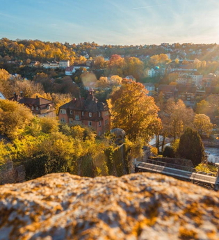 Herbstlandschaft in Schwäbisch Hall mit Sonnenstrahlen und buntem Laub. | © Stadt Schwäbisch Hall, Michael Kühneisen
