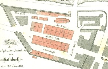 Historischer Stadtplan von Gaildorf aus dem Jahr 1868, der den abgebrannten Stadtteil zeigt. | © Stadtarchiv