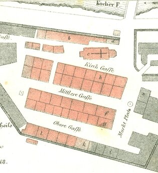 Historischer Stadtplan von Gaildorf aus dem Jahr 1868, der den abgebrannten Stadtteil zeigt. | © Stadtarchiv
