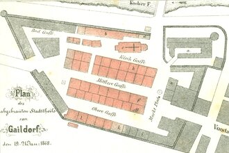 Historischer Stadtplan von Gaildorf aus dem Jahr 1868, der den abgebrannten Stadtteil zeigt. | © Stadtarchiv