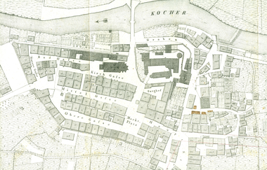 Historischer Stadtplan von Gaildorf aus dem Jahr 1831, der die Straßen und Gebäude der Stadt detailliert darstellt. | © Stadtarchiv Gaildorf