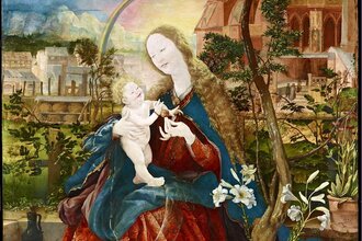Gemälde von Matthias Grünewald. Das gemalte Bild zeigt Maria, die auf einer Bank sitzt. Sie trägt ihr langes, blondes Haar offen und keine Krone krönt ihr Haupt. Mit der rechten Hand hält sie das Jesuskind. | © Focus GmbH Leipzig