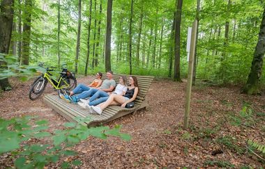 Vier Personen ruhen auf einem Waldsofa im Wald, ein Fahrrad lehnt daneben. | © Stadt Sinsheim