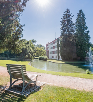Schlosspark mit Teich, Brunnen und Schloss unter blauem Himmel