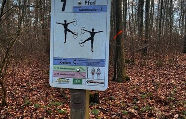 Schild Station 7 des Waldsportpfades vor Bäumen und Laub