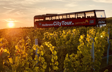 Im Bildvordergrund sind von der Abenddämmerung angestrahlte Weinreben zu sehen. Im Hintergrund ist der rote Doppeldeckerbus mit Cabriodach und Personen an Bord erkennbar | © Heilbronn Marketing GmbH