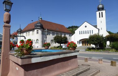 Blick auf das Wasserschloss in Unterschüpf. Im Vordergrund ist ein Sandsteinbrunnen mit Blumenschmuck zu sehen. | © Liebliches Taubertal