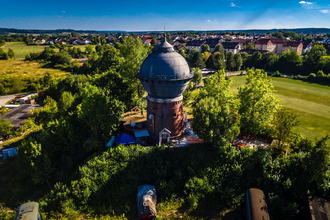Luftaufnahme mit Blick auf den Crailsheimer Wasserturm | © Stadtverwaltung Crailsheim
