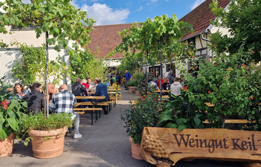 Im Innenhof des Weinguts kann man im Sommer sitzen | © Touristikgemeinschaft Hohenlohe e. V.  | Weingut Keil