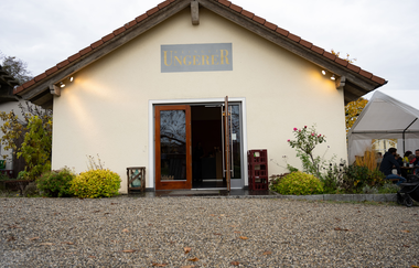 Außenansicht der Vinothek vom Weingut Ungerer, mit einladender offener Tür | © Touristikgemeinschaft Hohenlohe e.V. | Weingut Ungerer