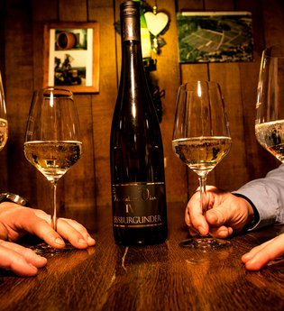 Vier Weingläser in den Händen der Gäste , die Flasche in der Mitte