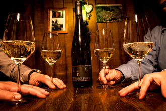 Vier Weingläser in den Händen der Gäste , die Flasche in der Mitte