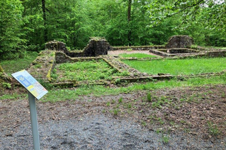 Im Vordergrund ist ein Schild für die Weitersehen App zu sehen und im Hintergrund die Mauern des Bodendenkmal der Villa Rustica im Wiesenbacher Wald | © Landratsamt Rhein-Neckar-Kreis