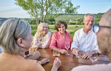 Eine gemischte Gruppe sitzt an einem Tisch mit Weingläsern in der Sonne. | © Touristikgemeinschaft HeilbronnerLand