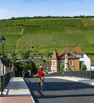 Blick auf die neue Markelsheimer Brücke. Im Vordergrund ist der Brückenheilige St. Nepomuk und im Hintergrund Weinberge zu sehen. Die Brücke wird gerade von Radlern befahren.