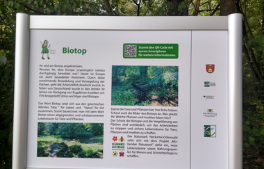 Ein Informationsschild über ein Biotop mit QR-Code | © Gemeinde Helmstadt-Bargen