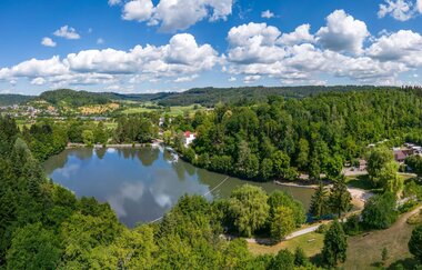 Ausblick auf den Fornbacher Waldsee, umrandet von vielen grünen Bäumen.